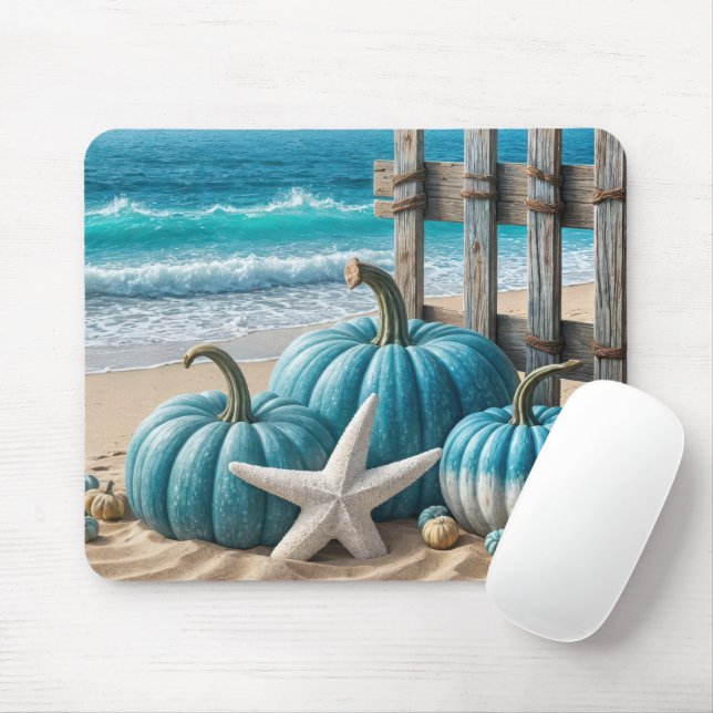 Tapis De Souris Blue Autumn Beach Citrouilles avec poisson-pois (Avec souris)