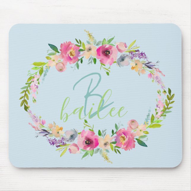 Tapis De Souris Blue Boho Pastel Floral Nom Script Monogramme (Devant)