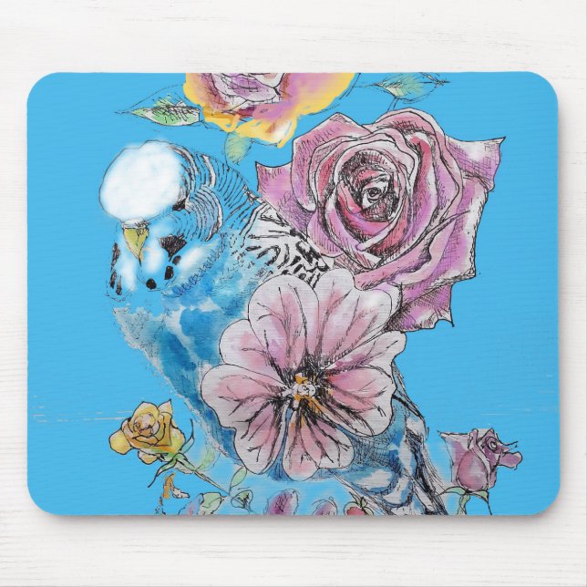 Tapis De Souris Blue Budgie Budgerigar Rose aquarelle art floral (Devant)