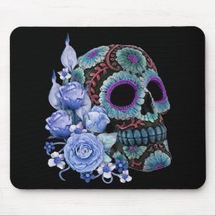 Tapis De Souris Blue Floral Black Sugar Skull Day Of The Dead