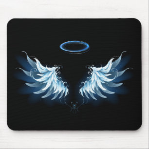 Tapis De Souris Blue Glowing Angel Wings on black background