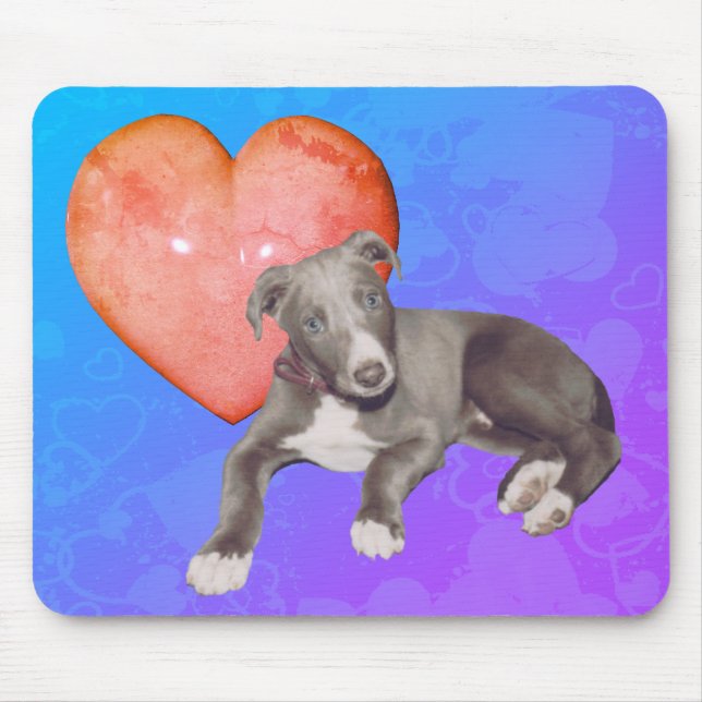 Tapis De Souris Blue Greyhound Puppy Pink Heart (Devant)