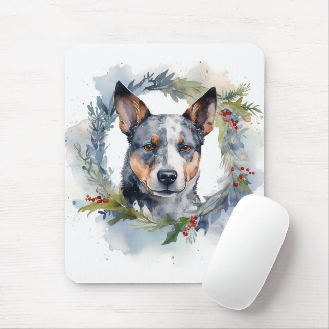 Tapis De Souris Blue Heeler Christmas Wreath Festive Pup (Avec souris)