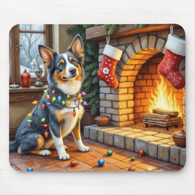 Tapis De Souris Blue Heeler Fireplace with Christmas Lights (Devant)