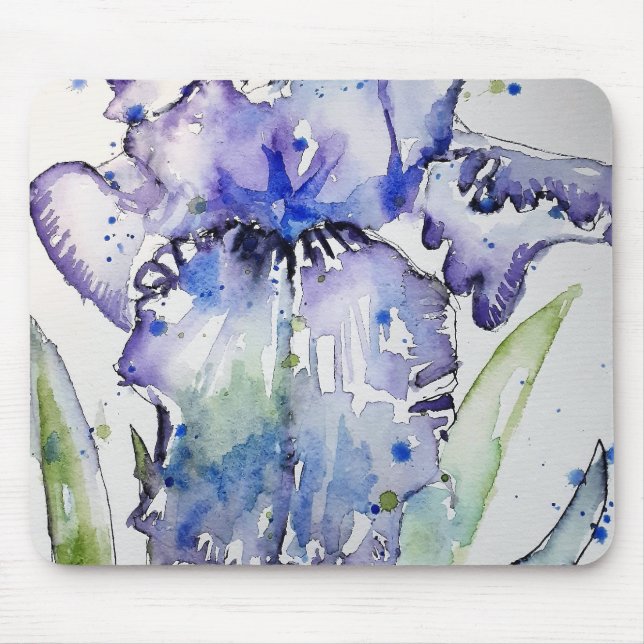 Tapis De Souris Blue Iris Art floral Aquarelle Art (Devant)