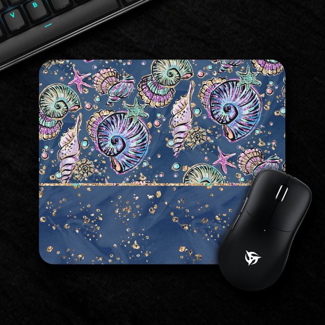 Tapis De Souris Blue Luxe sous-marin | Coquillages d'or Pastel (Créateur téléchargé)