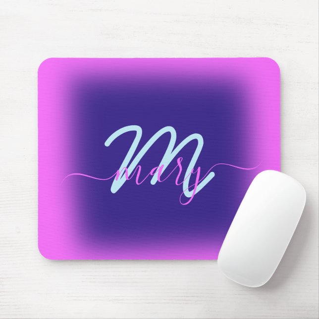 Tapis De Souris Blue Navy rose Nom minimal Monogramme brillant (Avec souris)