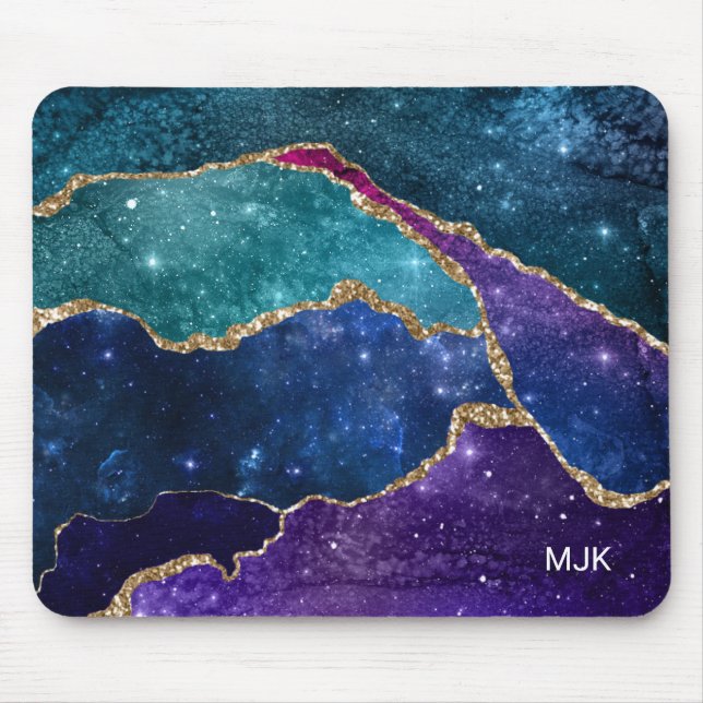Tapis De Souris Blue Purple Aqua Gold Veines Agate Monogramme (Devant)