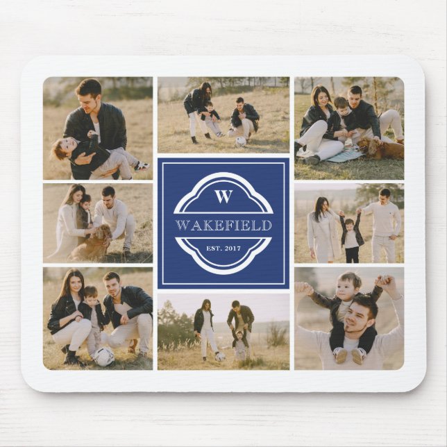 Tapis De Souris Blue White Monogram & Year Photo Collage (Devant)