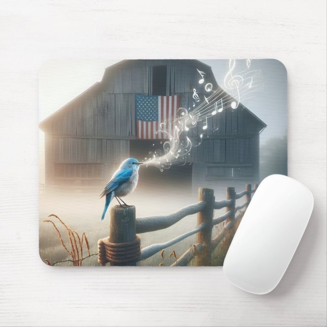 Tapis De Souris Bluebird chante sur une clôture de campagne (Avec souris)