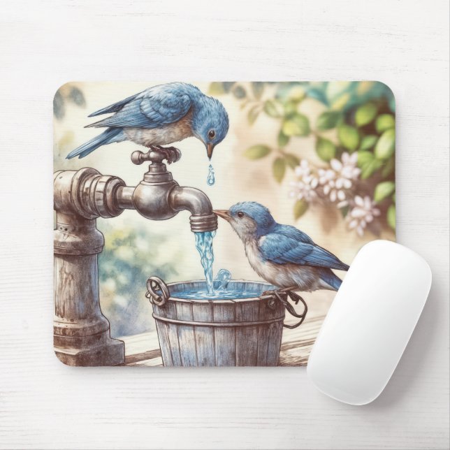 Tapis De Souris Bluebirds avec un vieux faucet et seau (Avec souris)