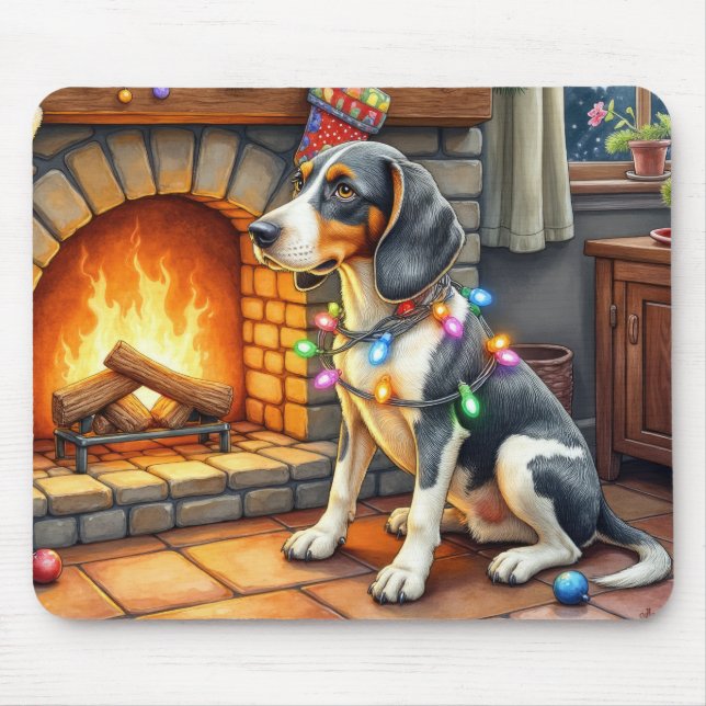 Tapis De Souris Bluetick Coonhound Cheminée avec Lumières de Noël (Devant)