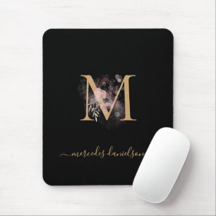 Tapis De Souris Blush Rose Gold Floral Monogrammed Moderne Noir 