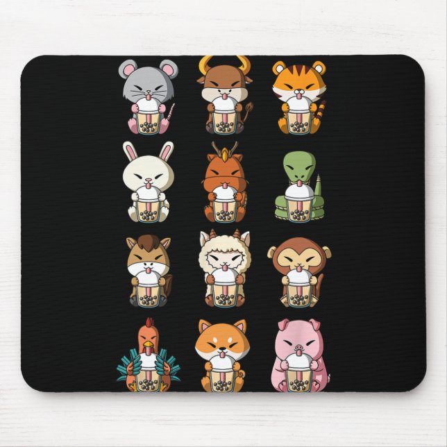 Tapis De Souris Boba Bubble Milk Tea Chinese Zodiacs Animal Lunar  (Devant)