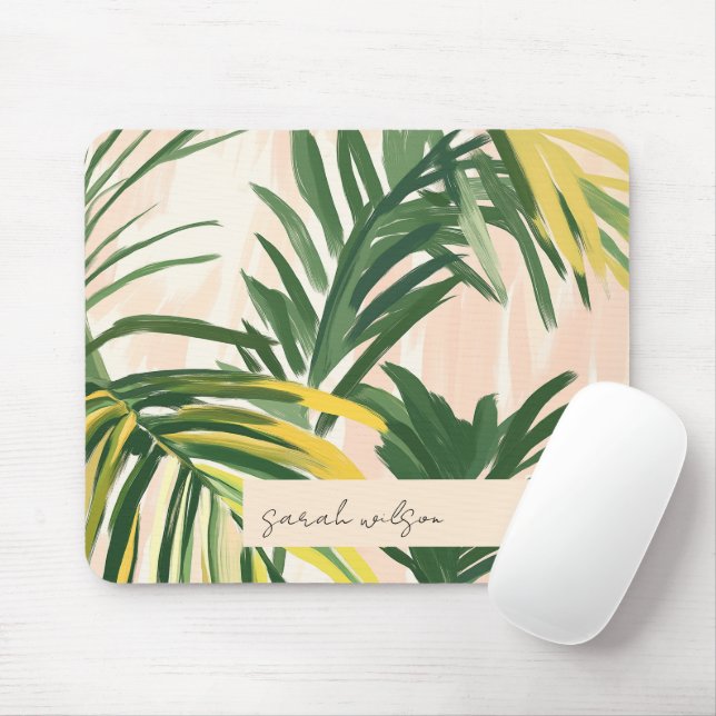 Tapis De Souris Boho Blush Green Tropical Palm Plage Feuille (Avec souris)