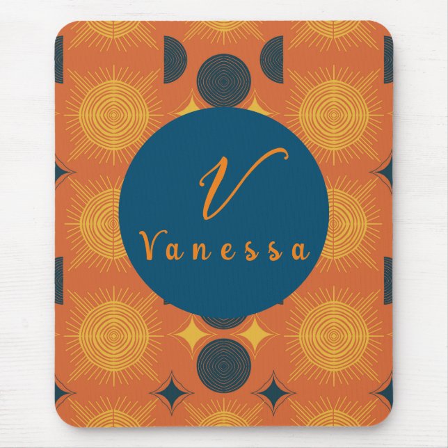 Tapis De Souris Boho Céleste Soleil Lune Orange Script Monogramme (Devant)