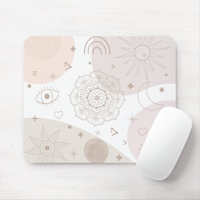 Tapis De Souris Boho Neutral Space Doodles Design esthétique (Avec souris)