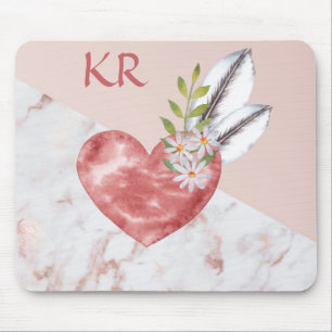 Tapis De Souris Boho Pink Heart Plumes Motif marbre marbré marbré