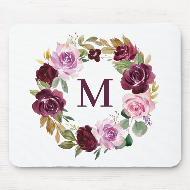 Tapis De Souris Boho romantique Purple Fall Floral Wreath Monogram (Devant)