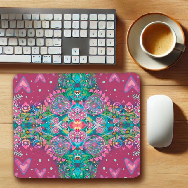 Tapis De Souris Boho rose Floral Motif Coeur joyeux et joli (Créateur téléchargé)