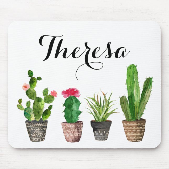 Tapis De Souris Boho Watercolor Succulents Personnalisés (Devant)