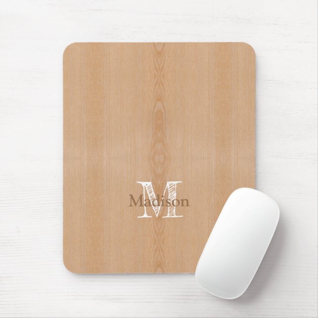 Tapis De Souris Bois brun clair grain Monogramme personnalisé (Avec souris)