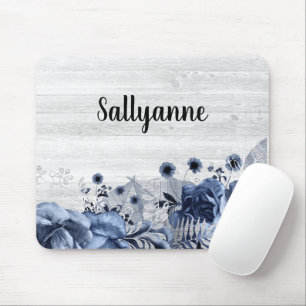TAPIS DE SOURIS BOIS RUSTIQUE BLEUE FRONTIÈRE FLORALE PERSONNALISA