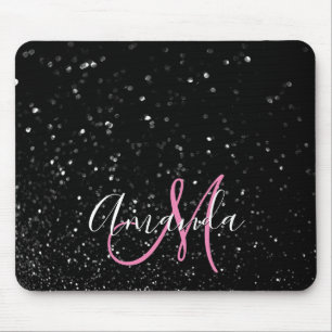 Tapis De Souris Bokeh Noir Pailleté Rose et Blanc Monogramme