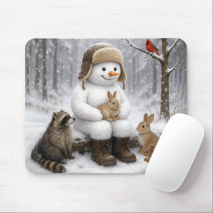 Tapis De Souris Bonhomme de neige dans les bois hivernaux avec des