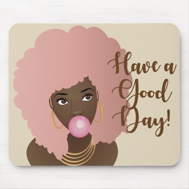 Tapis De Souris Bonne journée, femme noire avec afro rose (Devant)
