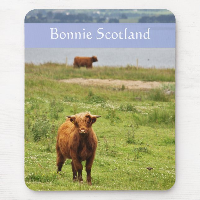 Tapis De Souris 'Bonnie Scotland' avec Young Highland Cow Photo (Devant)