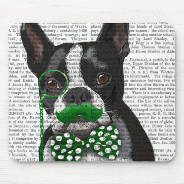 Tapis De Souris Boston Terrier Avec Moustache Verte Et Spotty 2 (Devant)