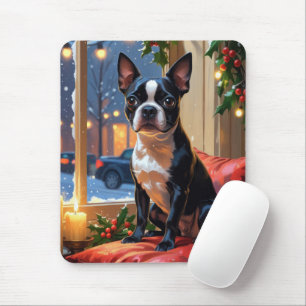 Tapis De Souris Boston Terrier avec Noël Lumières