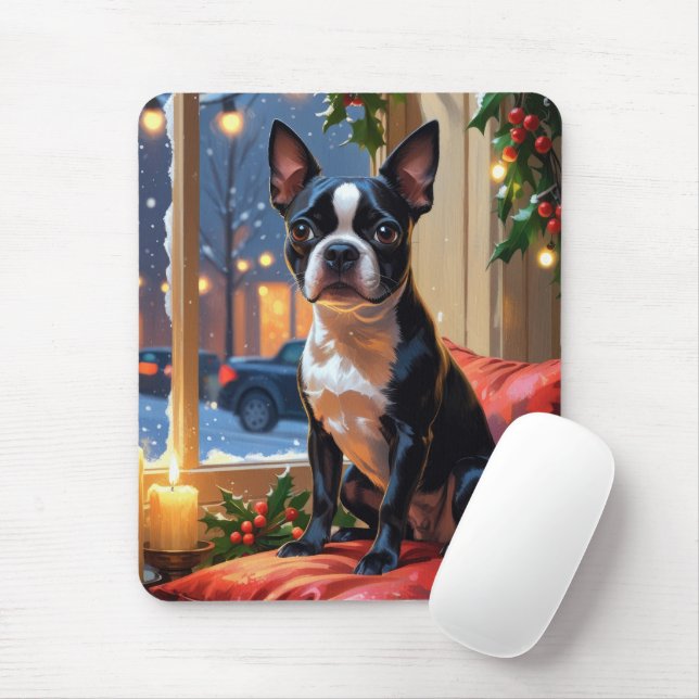 Tapis De Souris Boston Terrier avec Noël Lumières (Avec souris)