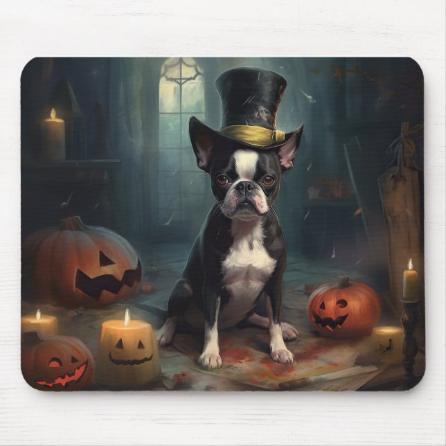 Tapis De Souris Boston Terrier Citrouille Halloween effroi (Devant)