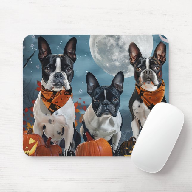 Tapis De Souris boston terrier Halloween Éffrayant (Avec souris)
