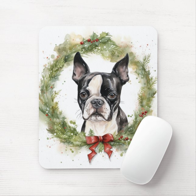 Tapis De Souris Boston Terrier Noël Wreath Festive Pup (Avec souris)