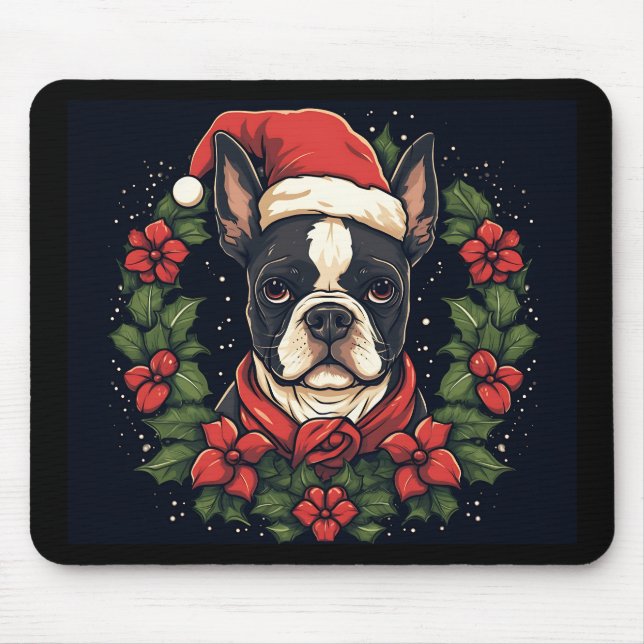 Tapis De Souris Boston Terrier Santa Hat Holly Noël (Devant)