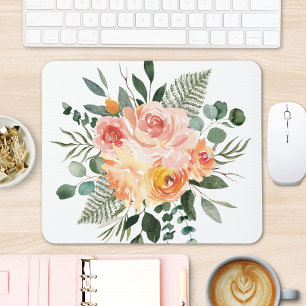 Tapis De Souris Bouquet de fleurs à l'aquarelle de pêche rose rust