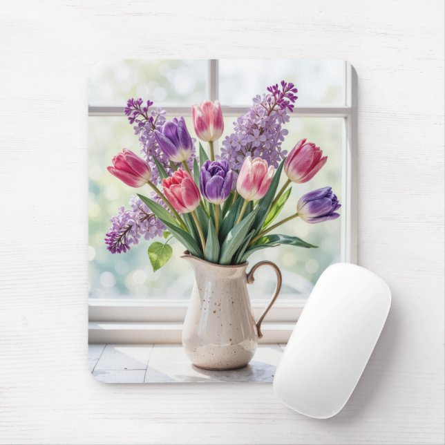 Tapis De Souris Bouquet de lilas et tulipes printaniers (Avec souris)