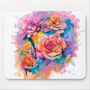 Tapis De Souris Bouquet de roses à taches de peinture aquarelle mo