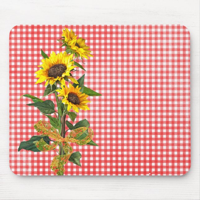 Tapis De Souris Bouquet de tournesol sur En vichy rouge (Devant)