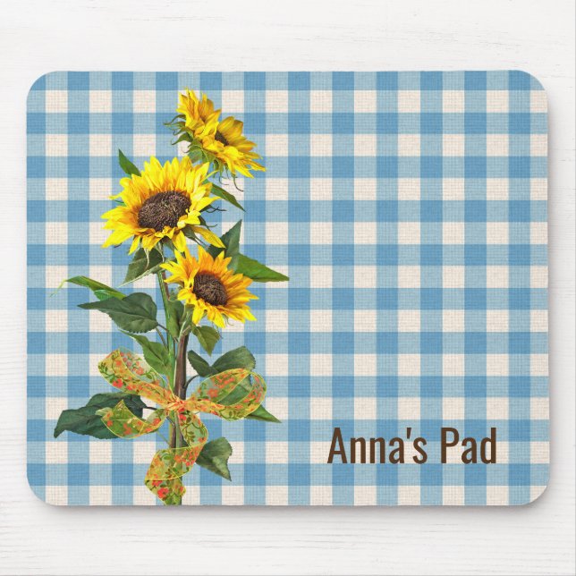 Tapis De Souris Bouquet de tournesol sur la souris En vichy bleu (Devant)
