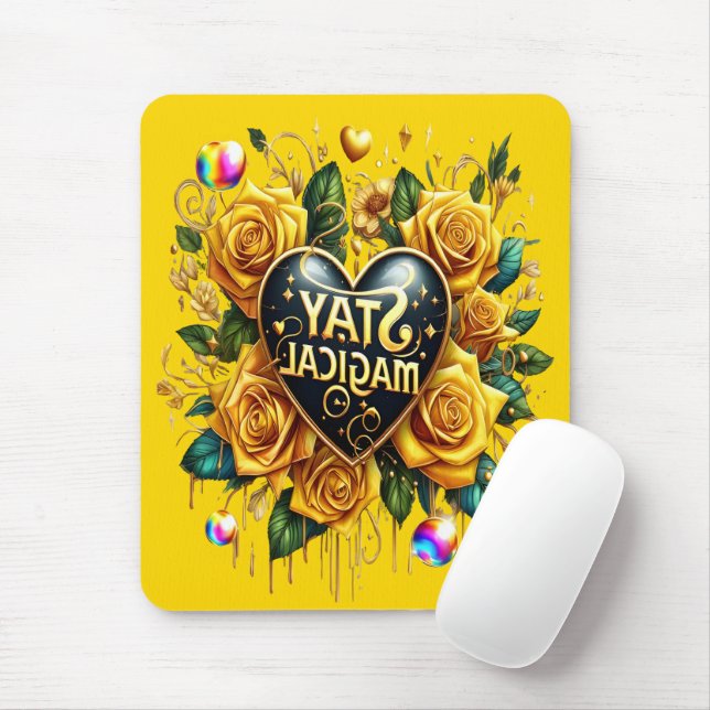 Tapis De Souris Bouquet enchanteur de Roses d'or et de coeur (Avec souris)
