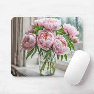 Tapis De Souris Bouquet Peony rose par une fenêtre pluvieuse