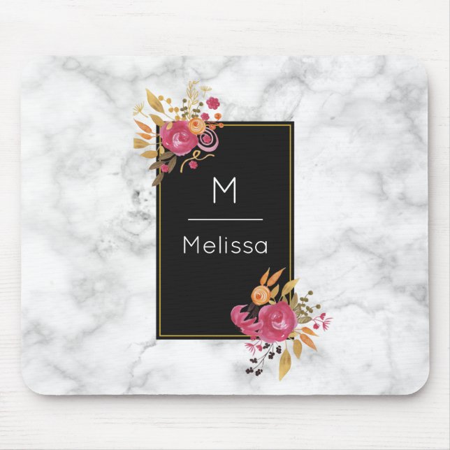 Tapis De Souris Bouquets de coin rose floral sur cadre noir person (Devant)