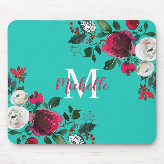 Tapis De Souris Bourgogne Aquarelle Peony Rose Floral Monogramme (Devant)
