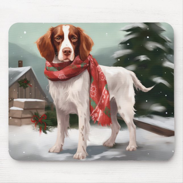 Tapis De Souris Brittany Spaniel Dog à Noël de neige (Devant)