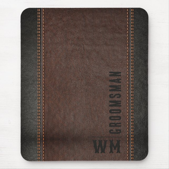 Tapis De Souris Brown Faux en cuir Monogramme Groomsman Cadeau (Devant)