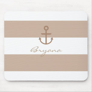 Tapis De Souris Brown Taupe & White Striped Anchor Mouse Pad